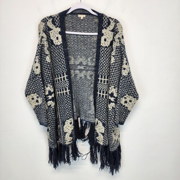 En Ceme Fringe Cardigan Poncho Sweater Size M Relaxed Fit Blue Long Sleeve Boho - Picture 11 of 16